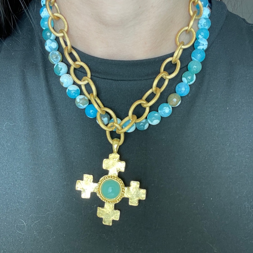 Susan Shaw Gold and Blue Beaded Necklace with Cross Pendant